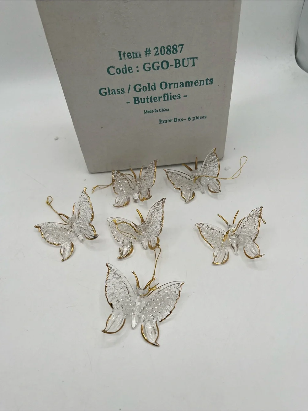 Clear Glass Butterfly Ornaments with Gold Trim set of 6